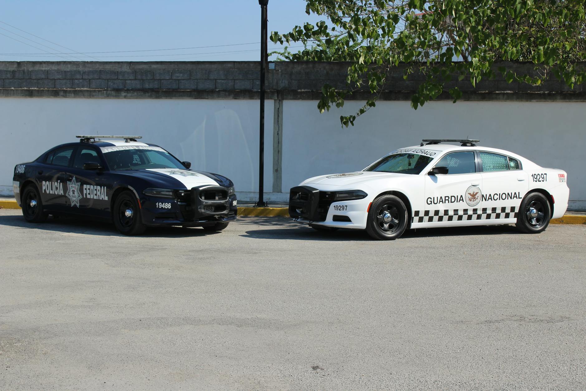 Two service vehicles, Policía Federal and Guardia Nacional, parked in an empty lot.