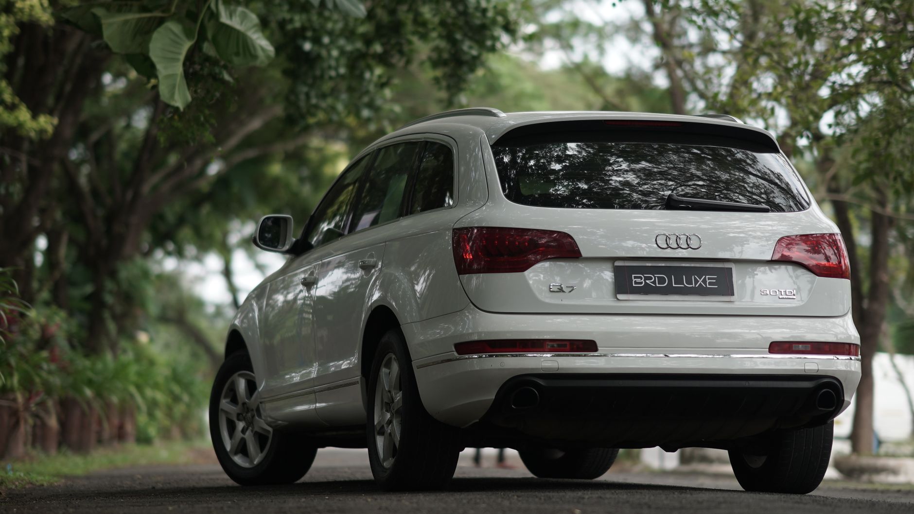 Luxury white Audi Q7 parked on a scenic road surrounded by lush greenery.
