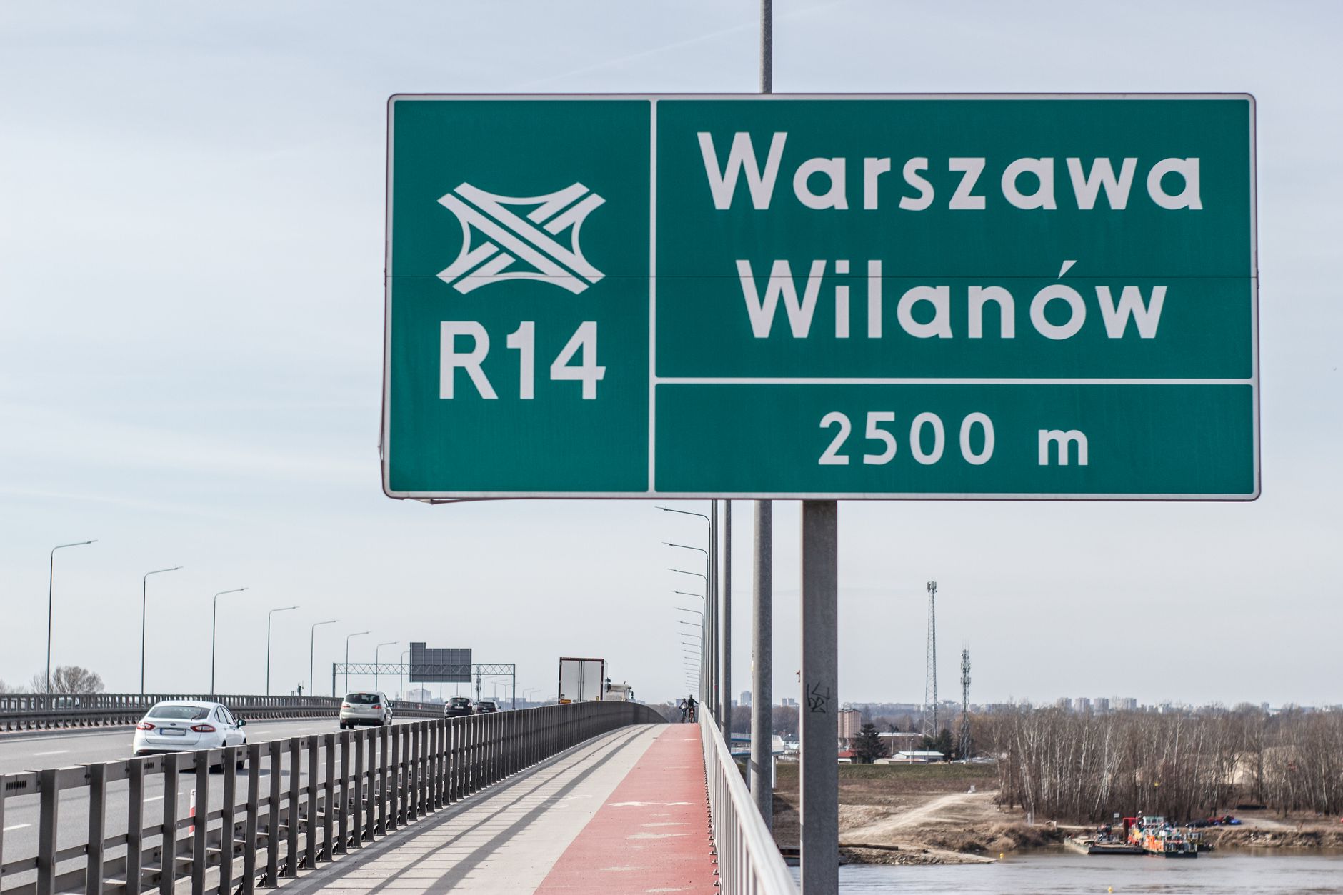 A road sign on Bridge R14 in Warsaw directing towards Wilanów, Poland.