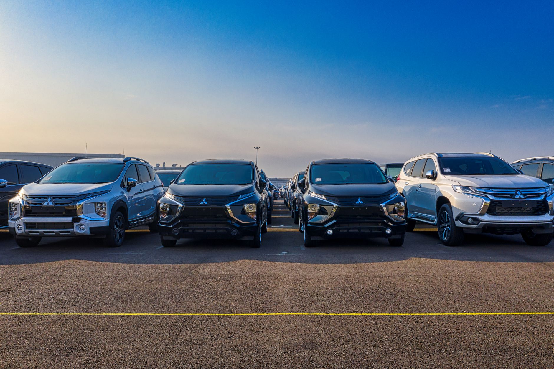 Expensive different modern cars with shiny polished body parked on concrete ground for sale